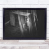 Woman portrait behind curtain black and white Wall Art Print