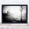 black and white stairs sea front lamp post Wall Art Print