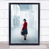 Looking Back woman luggage white buildings Wall Art Print