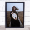Birthday woman in wind large clock Wall Art Print