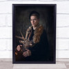 person posing with deer fur coat Wall Art Print