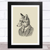 Vintage Black Fox In Suit Illustration On Olive Green Home Wall Art Print