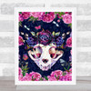 Bright Pink Blue Gothic Cat Skull Floral Home Wall Art Print