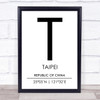 Taipei Republic Of China Coordinates Travel Print