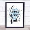 Love Never Fails Inspirational Quote Print Blue Watercolour Poster