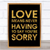 Black & Gold Love Means Never Having To Say You're Sorry Love Story Quote Print Black & Gold Love Means Never Having To Say You're Sorry Love Story Quote Print