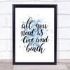 All You Need Love And Beach Inspirational Quote Print Blue Watercolour Poster