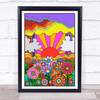 Psychedelic Hippie colorful Sun Flowers Clouds Wall Art Print