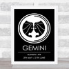 Zodiac Star Sign Black & White Element Gemini Wall Art Print