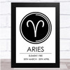 Zodiac Star Sign White & Black Symbol Aries Wall Art Print