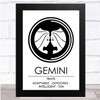 Zodiac Star Sign White & Black Traits Gemini Wall Art Print