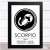 Zodiac Star Sign White & Black Traits Scorpio Wall Art Print