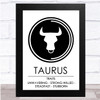 Zodiac Star Sign White & Black Traits Taurus Wall Art Print