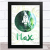 Space Watercolor Galaxy Spirals Rocket Green Personalized Wall Art Print