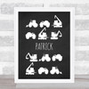 Chalk Multiple Construction Vehicles Silhouette Personalized Wall Art Print