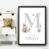 Cute Animals Bear And Rabbit Silver Any Initial Personalized Wall Art Print