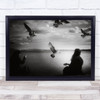 Soul Call Birds Seagull Bird B&W Vignette Flight Lake Water Grain Wall Art Print