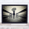 Awaiting Umbrella Sepia Footbridge Beach Toned Snowing Snowfall Wall Art Print