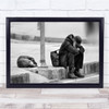 Two Friendly Street Dog Friends Man B&W Sitting Homeless Cap Wall Art Print