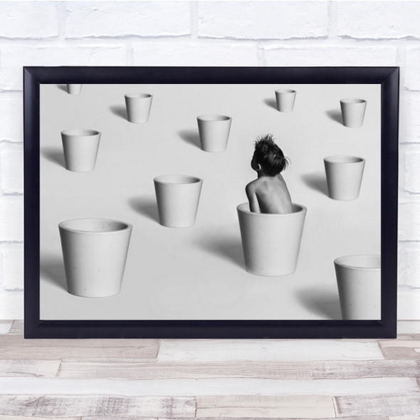 Where Am I B&W Boy Kid Child Pot Pots Sit Sitting Pattern Wall Art Print