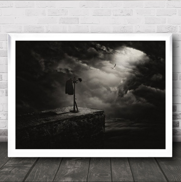 Departure Conceptual Coat Hanger And Hat Near Cliff Edge Wall Art Print