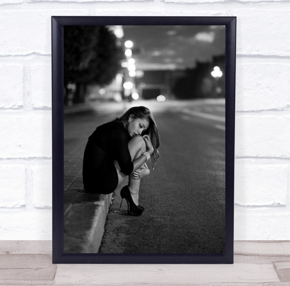 Alone Woman In Dress And High heels Curled Up On Side Street Art Print