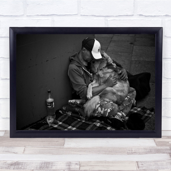Love Street Dog Person B&W Embrace Hug Hat Mood Emotion Wall Art Print