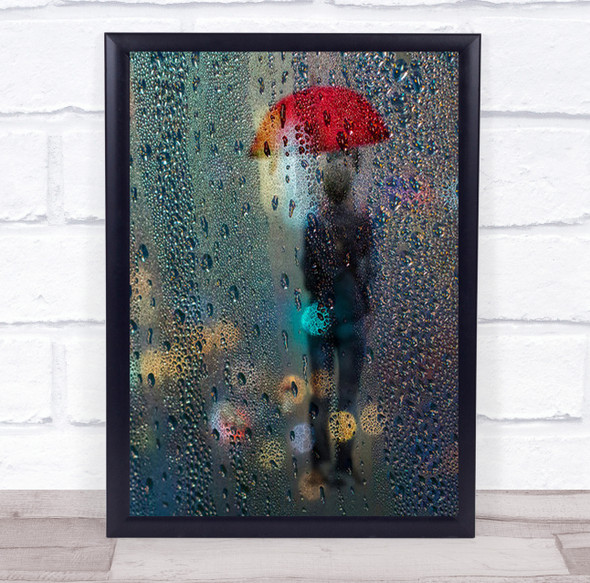 Behind The Mist Couple Window Water Umbrella Red Color Wall Art Print