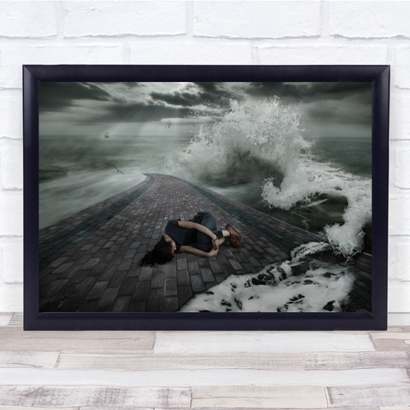 Horrible Dream Waves Crashing Woman Curled Up On Path Wall Art Print