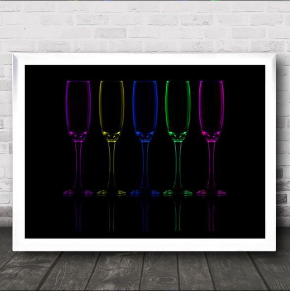 Flutes Wine Drinks Dark Colourful Glasses Champagne Wall Art Print