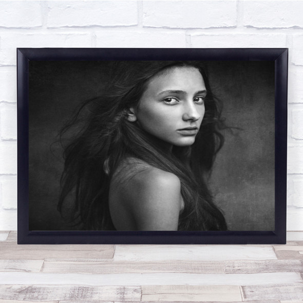 Dark Haired Girl Model Pose Side View Blowing Hair Wall Art Print