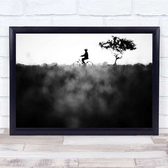 Distant Man On Bike Tree Landscape Black And White Wall Art Print