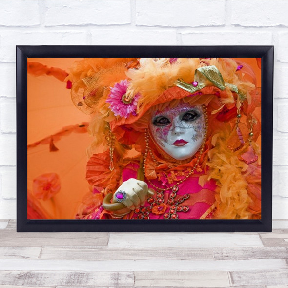 Carnival In Orange Portrait Costume Venice Mask Wall Art Print