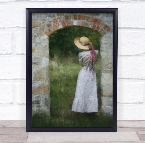 Girl In Dress And Hat Vintage By Brick Archway Wall Art Print