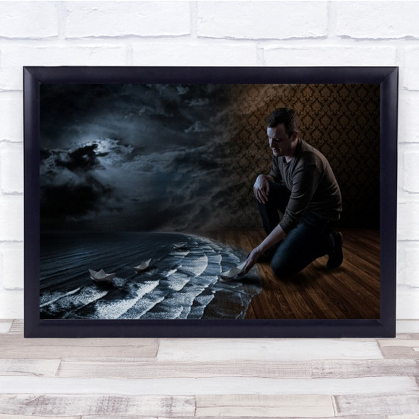 Paper Boats Man Near Sea Wall Art Print