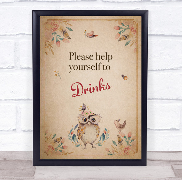 Vintage Cute Owl Please Help Yourself Drinks Baby Shower Personalized Party Sign