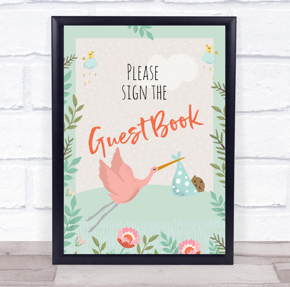 Stork With Baby Shower Green Please The Guest Book Personalized Event Party Sign