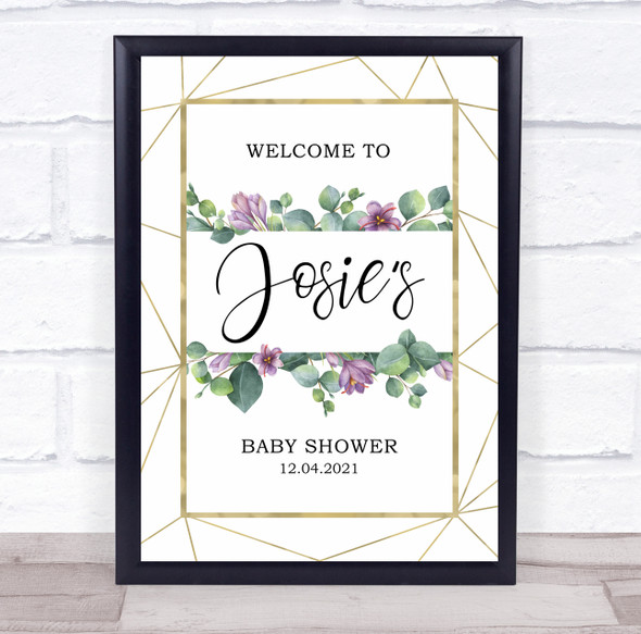 Purple Floral Leaf & Gold Geometric Baby Shower Personalized Event Party Sign