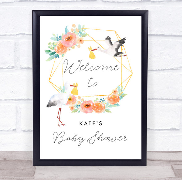 Welcome Baby Shower Storks Geometric Floral Personalized Event Party Sign