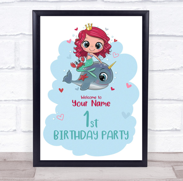 Cute Mermaid On Whale Welcome Birthday Personalized Event Party Decoration Sign