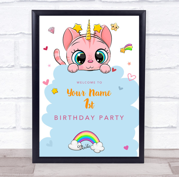 Cute Pink Unicorn Cat Welcome Birthday Personalized Event Party Decoration Sign