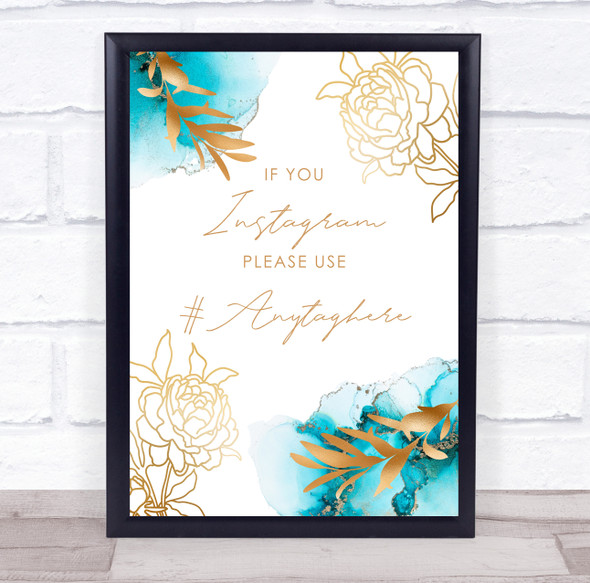 Social Media Hashtag Watercolor Teal Blue Gold Floral Personalized Party Sign