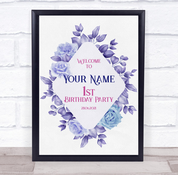 Purple Floral Diamond Border Birthday Personalized Event Party Decoration Sign