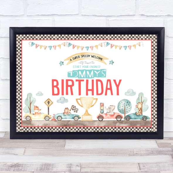Watercolor Racing Car Animals Birthday Welcome Personalized Event Party Sign