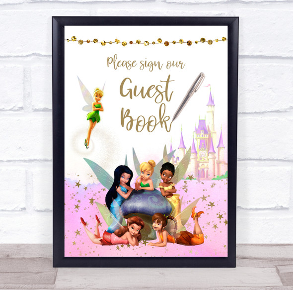 Guest Book Gold Pink Kids Birthday Fairy Castle Personalized Event Party Sign