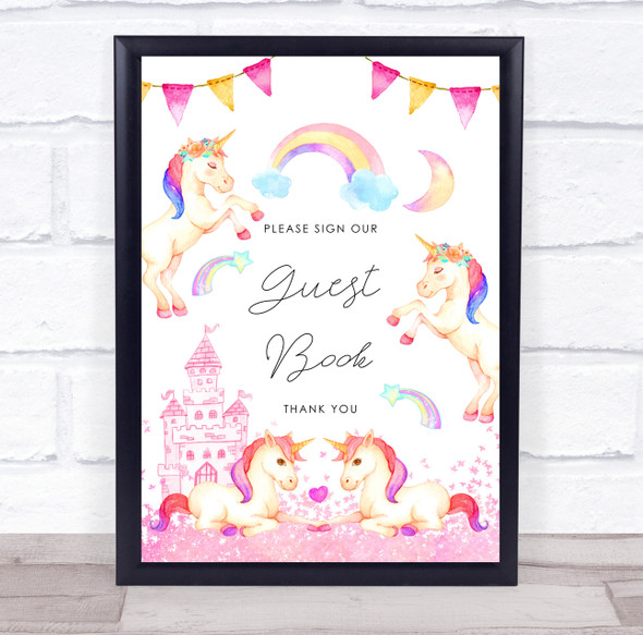 Pretty Pink Unicorn And Rainbows Guest Book Birthday Personalized Party Sign
