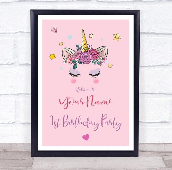 Pink Unicorn Closed Eyes Birthday Personalized Event Party Decoration Sign