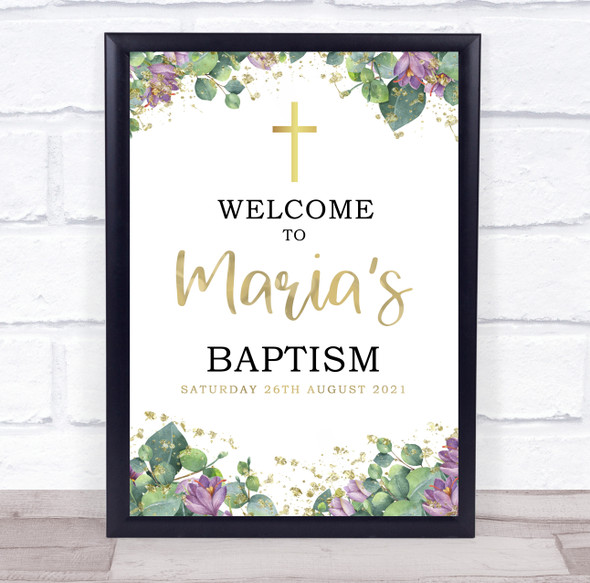 Purple Floral & Gold Baptism Personalized Event Occasion Party Decoration Sign