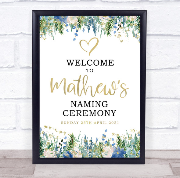 Blue Floral & Gold Naming Ceremony Personalized Event Party Decoration Sign