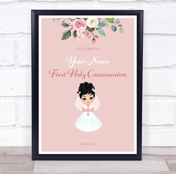 Dark Hair Girl First Holy Communion Personalized Event Party Decoration Sign